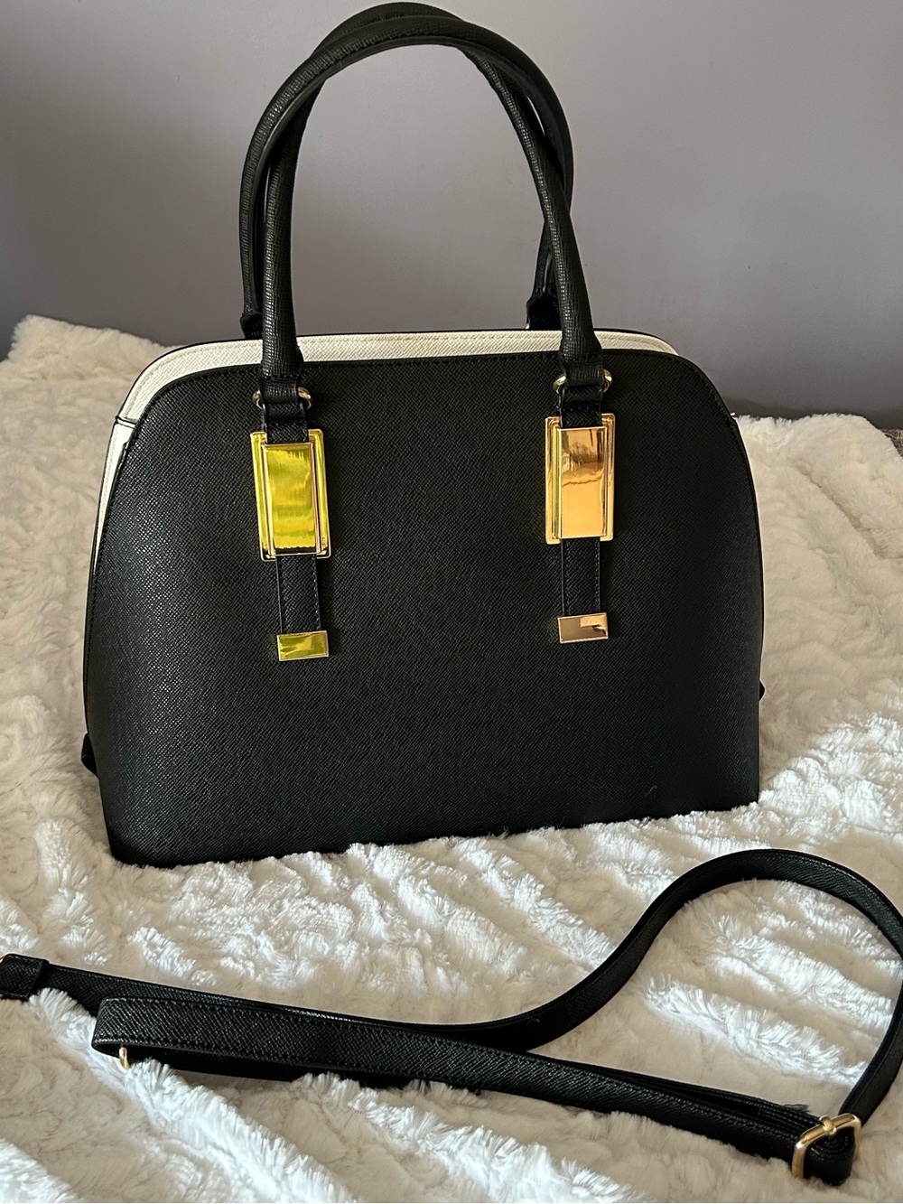 NWOT Classic Black Dome Satchel Handbag with White trim and Gold Hardware